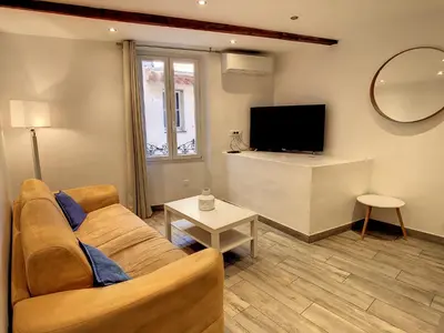 a living room with a couch and a flat screen tv at 1 bedroom Forville, 4 min Palais,Plages,Croisette in Cannes