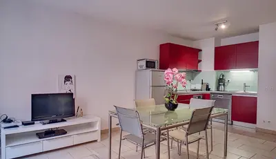 a kitchen with a table with chairs and a television at Très Joli T3 Vieux Port Cannes in Cannes