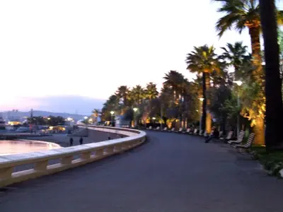 a city street with palm trees and a bridge at Le Petit Magellan in Cannes