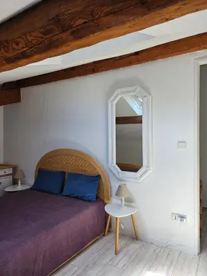 a bedroom with a bed and a mirror at SUQUET - BEACH 100m & PALAIS DES FESTIVALS 600m in Cannes