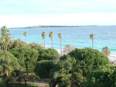 a view of the ocean from a resort with palm trees at Cannes Sea View in Cannes