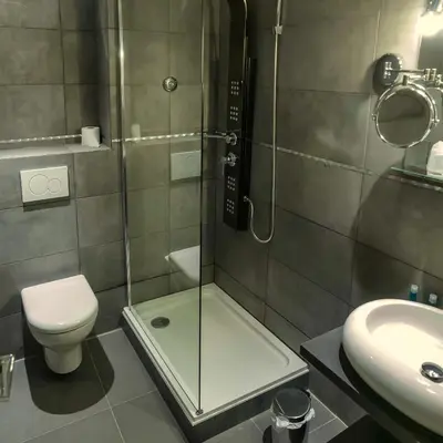 a bathroom with a shower and a toilet and a sink at Hôtel Jardin Croisette in Cannes