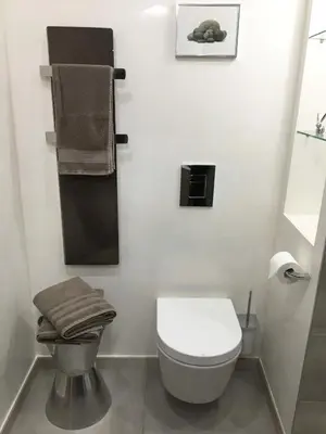 a bathroom with a toilet and towels on the wall at Lovely Studio Cannes in Cannes