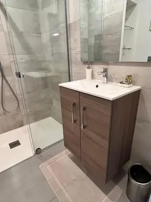 a bathroom with a sink and a shower at Lovely Studio Cannes in Cannes