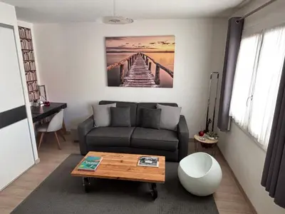 a living room with a couch and a table at Lovely Studio Cannes in Cannes