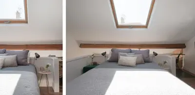 two pictures of a bedroom with a bed and a window at Central Cannes Loft - 15 min Palais des Festivals in Cannes