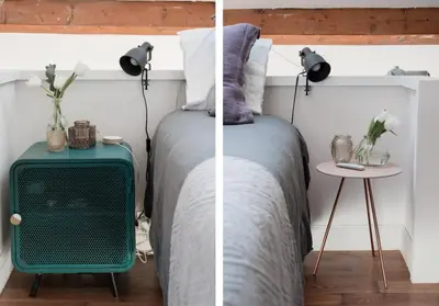 a bedroom with a bed with a green suitcase and a table at Central Cannes Loft - 15 min Palais des Festivals in Cannes