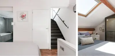 two images of a bedroom and a staircase in a house at Central Cannes Loft - 15 min Palais des Festivals in Cannes