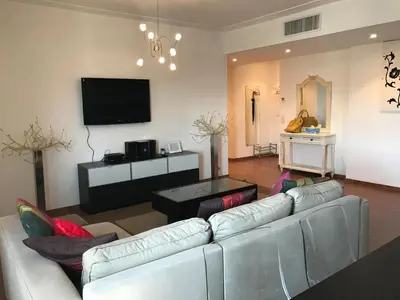 a living room with a white couch and a tv at Cannes Festival in Cannes