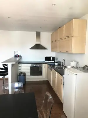 a kitchen with white appliances and wooden cabinets at Cannes Festival in Cannes