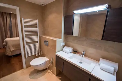 a bathroom with a toilet and a sink and a mirror at Imperial Apartment by Connexion in Cannes