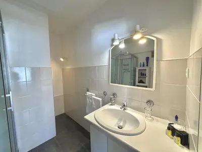 a bathroom with a sink and a mirror and a shower at Ibis Studio 5380 in Cannes