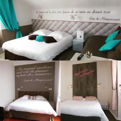 two pictures of two beds in a room at Hotel Chalet De L'isere in Cannes