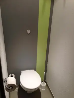 a bathroom with a toilet and a green wall at ibis budget Cannes Centre Ville in Cannes