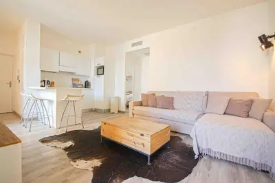 a living room with a couch and a coffee table at keep in touch 2 CHAMBRES AVEC TERRASSE ET GARAGE in Cannes