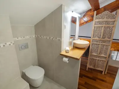 a bathroom with a white toilet and a sink at Loft de standing Cannes in Cannes