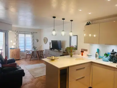 a kitchen and living room with a counter top at Lovely one bedroom apartment with balcony & wifi just minutes walk from Palais and Cannes beaches 109 in Cannes
