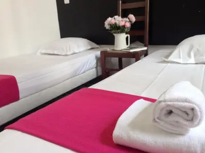 two beds with towels and a table with a vase of flowers at Chanteclair in Cannes