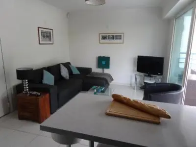 a living room with a couch and a table at Modern one bedroomed apartment just off the Cannes Seafront with a terrace and pool access 1753 in Cannes