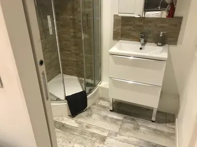 a bathroom with a shower and a sink at Atelier & Galerie in Cannes