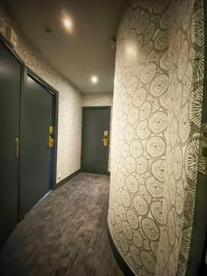a hallway with a wall with a pattern on it at Hotel Molière in Cannes