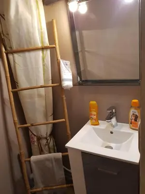 a bathroom with a sink and a shelf next to a mirror at Notre Dame in Cannes