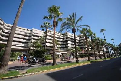 a street in front of a large building with palm trees at Residence Gray d'Albion Studio DEL186 in Cannes