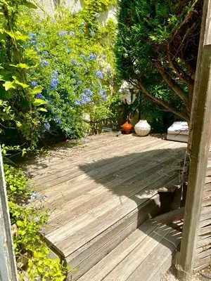 a wooden pathway with blue flowers and trees at Cannes - Beachfront with private garden - Palm Beach Croisette in Cannes
