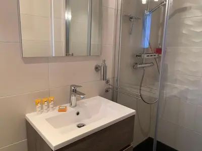 a bathroom with a sink and a shower at Appartement Palais des Festivals in Cannes