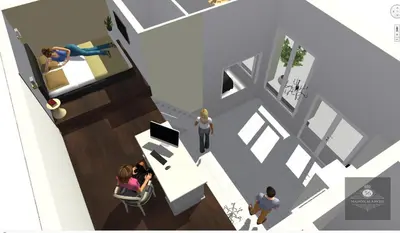 a group of people standing in a living room at 'Maison Blanche' in Cannes