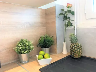 a kitchen with potted plants and fruit on a counter at Appartement Cosy Calme Central-Terrasse Proche Palais in Cannes