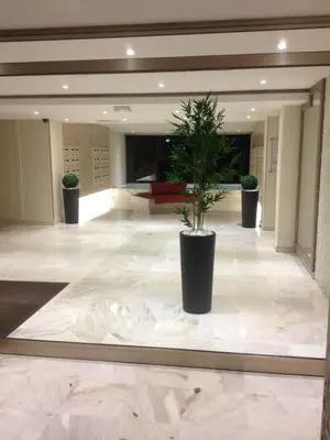 a lobby with a potted plant in the middle at Residences Fleuries - behind Cannes Croisette Bvd in Cannes