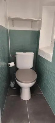 a bathroom with a white toilet in a green wall at Appartement moderne à Cannes, 45 m², proche des plages in Cannes