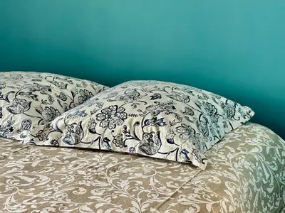 a bed with two pillows on top of it at Studio Cosy Pradignac in Cannes