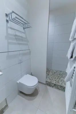 a white bathroom with a toilet and a shower at Alceste Apartment - Cannes Banane in Cannes
