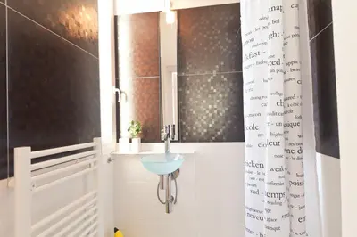 a bathroom with a sink and a shower curtain at Festival Apartment in Cannes