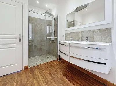 a bathroom with a shower and a sink and a mirror at Luxury 1 bedroom Quai St Pierre 2 mins from the Palais & Croisette 269 in Cannes