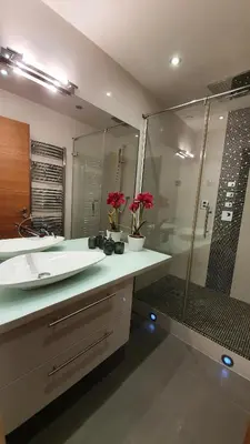 a bathroom with a sink and a shower with red flowers at Sea view Penthouse with terrace in Cannes