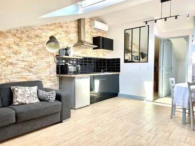 a living room with a couch and a kitchen at Safari apartment in heart of Cannes and beaches in Cannes