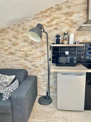 a floor lamp in a living room next to a couch at Safari apartment in heart of Cannes and beaches in Cannes