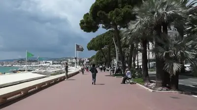 a group of people walking down a sidewalk with palm trees at Croisette View Lux Flat Cannes in Cannes