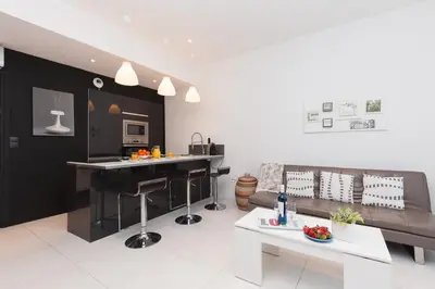 a kitchen and living room with a couch and a table at Nature 2 pièces 3 étoiles calme plein centre cannes 5 mn des plages et Palais in Cannes