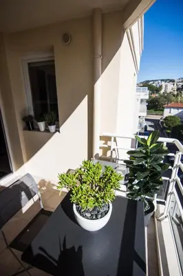 a black table with two potted plants on a balcony at Le Parc Pointe Croisette in Cannes