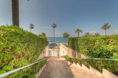 a stairway leading down to the beach with palm trees at IMMOGROOM - Appartment - 1min from the beach - Wifi in Cannes