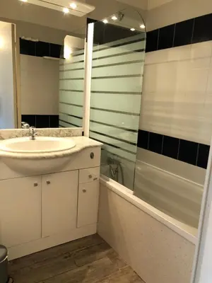 a bathroom with a sink and a mirror and a tub at Vacances Cannoise, mer et piscine in Cannes