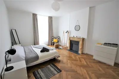a white bedroom with a bed and a fireplace at RUE D'ANTIBES CENTER in Cannes