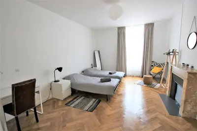 a living room with a bed and a fireplace at RUE D'ANTIBES CENTER in Cannes