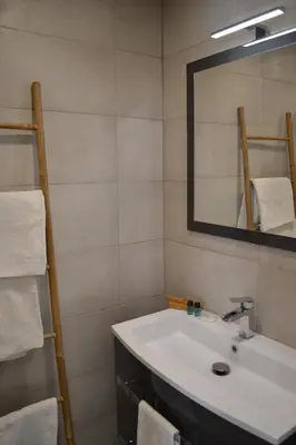a bathroom with a sink and a mirror and towels at 2 pièces Vagliano in Cannes