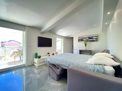 a large bedroom with a bed and a tv at Luxury 