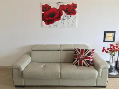 a white couch in a living room with red flowers at Cannes: Agréable 2 pièces vue mer panoramique in Cannes